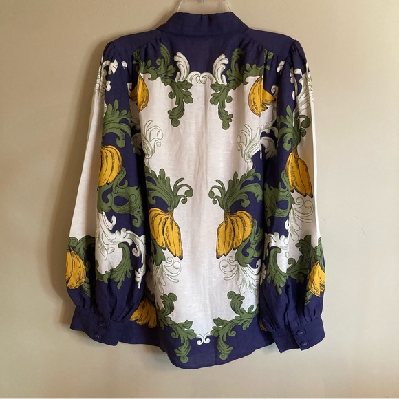 NEW FARM Rio x Anthropologie Puff Sleeve Button Down Blouse Bananas Linen Size L - Picture 12 of 16